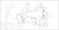 Size: 2164x1110 | Tagged: explicit, artist:starvingunicorn, apple bloom, anatomically correct, anus, bestiality, black and white, butt, canine vulva, clitoris, crotchboobs, cunnilingus, dog, dog on filly action, dog on pony action, earth pony, eyes closed, female, females only, filly, foal, foalcon, food, frog (hoof), g4, grayscale, hoofbutt, imported from derpibooru, interspecies, lesbian, lineart, lying down, monochrome, nipples, nudity, on back, oral, peanut butter, plot, ponut, pony, sex, ship:winobloom, shipping, simple background, underhoof, vulva, white background, winona