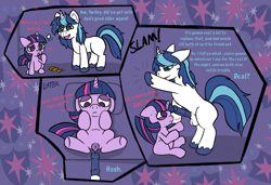 Size: 1989x1361 | Tagged: explicit, semi-grimdark, artist:psychorut, shining armor, twilight sparkle, 3 panel comic, age difference, alcohol, anatomically correct, balls, blackmail, brother and sister, comic, dialogue, drink, drunk, drunk bubbles, duo, duo male and female, erection, female, filly, filly twilight sparkle, foal, foalcon, g4, hiccup, horn, horsecock, imminent rape, imminent sex, imported from derpibooru, incest, lying down, male, nervous sweat, nudity, on back, onomatopoeia, open mouth, open smile, penis, pillow, pony, raised hoof, shipping, siblings, sitting, smiling, spread legs, spreading, straight, sweat, tail, twicest, underaged drinking, unicorn, unicorn twilight, unshorn fetlocks, vulva, younger