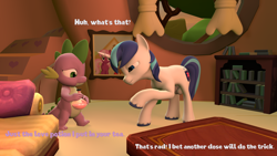 Size: 3840x2160 | Tagged: explicit, artist:olkategrin, shining armor, spike, comic:no moaning in the library, 3d, american gothic, balls, bending, book, bookshelf, bottle, comic, couch, curtains, dialogue, dragon, duo, duo male, english, erection, foalcon, g4, golden oaks library, high res, holding, horn, horsecock, imported from derpibooru, intoxicated, looking at someone, looking down, love potion, male, medial ring, mind control, nudity, painting, penis, pillow, pony, potion, room, source filmmaker, spikes, stairs, stallion, standing, table, talking, tree, unicorn, vein, veiny cock, walking, window, worried