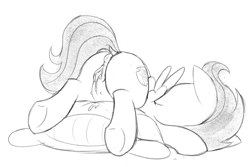 Size: 1784x1195 | Tagged: explicit, artist:dtcx97, scootaloo, aftersex, anus, butt, creampie, crotchboobs, cum, female, filly, foal, foalcon, g4, imported from derpibooru, monochrome, nipples, nudity, pegasus, pillow, plot, pony, sketch, solo, solo female, teats, vaginal creampie, vulva