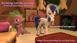 Size: 3840x2160 | Tagged: explicit, artist:olkategrin, shining armor, spike, comic:no moaning in the library, 3d, american gothic, balls, book, bookshelf, comic, couch, curtains, dialogue, dragon, duo, duo male, english, erection, foalcon, g4, golden oaks library, high res, hmm, horn, horsecock, imported from derpibooru, intoxicated, looking at someone, male, medial ring, mind control, nudity, painting, penis, pillow, pony, room, source filmmaker, spikes, stairs, stallion, standing, table, talking, tree, unicorn, vein, veiny cock, walking, walking away, window, worried