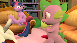Size: 3840x2160 | Tagged: explicit, artist:olkategrin, shining armor, spike, twilight sparkle, comic:no moaning in the library, 3d, balls, book, bookshelf, brother and sister, comic, couch, covering, covering crotch, dialogue, dragon, dragon dick, english, erection, female, floppy ears, foalcon, g4, golden oaks library, hiding, high res, horn, horn ring, horsecock, imported from derpibooru, inhibitor ring, looking at someone, magic suppression, male, mare, medial ring, nudity, on couch, on table, penis, pony, pregnant, ring, room, scared, semi-erect, siblings, sitting, smiling, source filmmaker, spikes, stallion, standing, table, talking, unicorn, unicorn twilight, vein, veiny cock, worried
