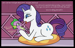 Size: 1297x839 | Tagged: explicit, artist:psychorut, rarity, spike, age difference, carousel boutique, cushion, dialogue, dragon, duo, duo male and female, erection, female, foalcon, g4, horn, imminent blowjob, imminent oral, imminent sex, imported from derpibooru, indoors, interspecies, looking at each other, looking at someone, lying down, male, nudity, open mouth, penis, pony, prone, ship:sparity, shipping, size difference, straight, tail, tongue out, unicorn