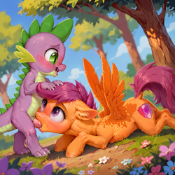 Size: 2048x2048 | Tagged: explicit, artist:venisoncreampie, scootaloo, spike, ai assisted, ai content, blowjob, blushing, dock, dragon, drool, drool string, duo, duo male and female, ear fluff, female, filly, floppy ears, flower, fluffy, foal, foalcon, g4, generator:pony diffusion v6 xl, generator:stable diffusion, hand on head, high res, imported from derpibooru, interspecies, looking at each other, looking at someone, lying down, male, nudity, oral, pegasus, penis, pony, prone, sex, ship:scootaspike, shipping, standing, straight, sweat, tail, the cmc's cutie marks, tree, unshorn fetlocks, vulva, wings