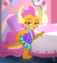 Size: 2719x3000 | Tagged: explicit, artist:ponykittenboi, bed, bedroom, bedroom eyes, cheerleader, cheerleader outfit, cheerleader smolder, cloaca, clothes, derpibooru exclusive, dragon, dripping, female, foalcon, g4, genital slit, imported from derpibooru, inviting you, lidded eyes, looking at you, offscreen character, pov, presenting, presenting pussy, show accurate, show accurate porn, smolder, solo, solo female, vaginal secretions, vaginal secretions dripping, vulva, watermark, weird lizzer hole