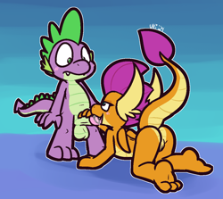 Size: 1026x914 | Tagged: explicit, artist:ultilix, spike, balls, blowjob, dragon, dragoness, duo, duo male and female, female, foalcon, g4, gradient background, imported from derpibooru, male, nudity, oral, penis, sex, ship:spolder, shipping, smolder, straight, vulva