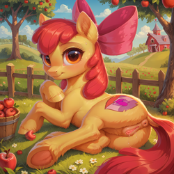 Size: 2048x2048 | Tagged: explicit, artist:venisoncreampie, apple bloom, ai assisted, ai content, ai generated, anatomically correct, anus, apple, apple tree, blushing, butt, dock, earth pony, female, fence, filly, foal, foalcon, food, g4, generator:pony diffusion v6 xl, generator:stable diffusion, hooves, imported from derpibooru, looking at you, looking back, nudity, plot, pony, solo, solo female, sweat, sweet apple acres, tail, the cmc's cutie marks, tree, vaginal secretions, vulva
