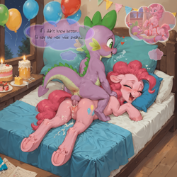 Size: 2048x2048 | Tagged: explicit, artist:venisoncreampie, pinkie pie, spike, series:spike's sneaky snuggles, ai assisted, ai content, anus, balloon, bed, bedroom, blushing, cake, candle, cowgirl position, creampie, cum, doggy style, dragon, dream, dripping, dripping cum, duo, duo male and female, earth pony, female, fetish, foalcon, food, frog (hoof), from behind, g4, generator:pony diffusion v6 xl, generator:stable diffusion, heart, high res, human vulva on pony, imported from derpibooru, interspecies, laughing, lying, lying down, male, nudity, part of a series, part of a set, penetration, pillow, pony, reverse foalcon, sex, ship:pinkiespike, shipping, sleeping, somnophilia, speech bubble, straight, tail, tail aside, underhoof, unshorn fetlocks, vaginal, vaginal creampie, vulva, wholesome porn, window