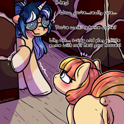 Size: 2000x2000 | Tagged: explicit, artist:gluttonace, oc, oc:aimless, oc:depraved daydream, age difference, alley, anus, duo, earth pony, emanata, female, filly, foal, foalcon, glasses, horn, imported from derpibooru, mare, nervous, nudity, oc only, rear view, shaking, swirly glasses, unicorn, vulva