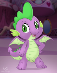 Size: 1250x1600 | Tagged: explicit, artist:zeklullaby, artist:zekromlover, spike, balls, carousel boutique, commission, dragon, fangs, flaccid, foalcon, g4, hand on hip, imported from derpibooru, indoors, male, mirror, nudity, open mouth, open smile, penis, signature, smiling, solo, solo male, tail, winged spike, wings