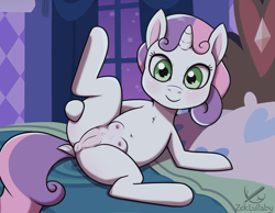 Size: 1550x1200 | Tagged: explicit, artist:zeklullaby, artist:zekromlover, sweetie belle, anus, areola, bed, bedroom, belly button, blanket, blushing, butt, butt touch, carousel boutique, crotchboobs, dock, female, filly, foal, foalcon, g4, hoof on butt, horn, imported from derpibooru, in bed, indoors, looking at you, nipples, nudity, plot, ponut, pony, signature, smiling, smiling at you, solo, solo female, spread legs, spreading, tail, unicorn, vulva