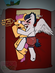 Size: 1620x2160 | Tagged: questionable, artist:blossomeclipse, scootaloo, bed, blushing, clopfic in description, colt, colt on filly, confused, derpibooru exclusive, dialogue, digital art, dry humping, duo, duo male and female, explicit description, female, filly, foal, foalcon, g4, hoof heart, humping, humping like there's no tomorrow, imported from derpibooru, male, pegasus, pony, poster, rumble, semi-anthro, sexual experiment, sexually oblivious, ship:rumbloo, shipping, story included, straight, underhoof, younger