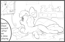 Size: 1921x1250 | Tagged: explicit, artist:starvingunicorn, apple bloom, aftersex, bed, creampie, crotchboobs, cum, cum in mouth, cyrillic, dildo, earth pony, female, foal, foalcon, g4, hotel room, implied blowjob, implied oral, implied sex, imported from derpibooru, leaking, leaking cum, lube, messy mane, monochrome, nipples, nudity, on bed, plushie, pony, sex toy, solo, solo female, speech bubble, television, vaginal creampie, vibrator, watching tv