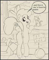 Size: 1684x2077 | Tagged: explicit, artist:starvingunicorn, apple bloom, anatomically correct, anus, bloom butt, butt, cat, clubhouse, dialogue, dock, earth pony, female, foalcon, g4, imported from derpibooru, lineart, looking back, mare, nudity, plot, ponut, pony, presenting, raised tail, rear view, solo, solo female, tail, underhoof, vulva