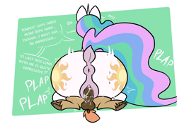 Size: 2388x1668 | Tagged: explicit, artist:steelsoul, princess celestia, oc, oc:himmel, age difference, alicorn, anus, balls, butt, canon x oc, colt, colt on mare, cowgirl position, creampie, cum, dialogue, dock, duo, duo male and female, earth pony, female, foal, foalcon, g4, imported from derpibooru, larger female, male, mare, mare on colt, nudity, penetration, penis, plap, plot, ponut, pony, sex, size difference, smaller male, straight, straight shota, sunbutt, tail, unshorn fetlocks, vaginal, vaginal secretions, vulva
