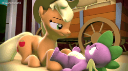 Size: 1920x1080 | Tagged: questionable, artist:skunkdude13, applejack, spike, 3d, age difference, animated, crotch kissing, derpibooru exclusive, dominant, dragon, earth pony, female, femdom, foalcon, g4, imported from derpibooru, kissing, larger female, male, onomatopoeia, pony, ship:applespike, shipping, size difference, smaller male, sound, sound effects, source filmmaker, straight, teasing, webm