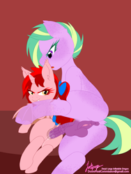 Size: 1800x2400 | Tagged: explicit, artist:mayellasterben, oc, oc:pixpon, oc:redberry bite, alicorn, anus, balls, bat pony, bat pony alicorn, bat pony oc, bat wings, bow, butt, creampie, cum, cumming, dock, duo, earth pony, fangs, female, filly, foal, foalcon, futa, futa oc, futa on female, futa on filly, hair bow, herm, herm on female, horn, horsecock, imported from derpibooru, intersex, looking over shoulder, nudity, oc only, orgasm, penetration, penis, plot, pony, sex, simultaneous orgasm, tail, tail bow, vaginal, vaginal creampie, vaginal orgasm, vaginal secretions, vulva, wings