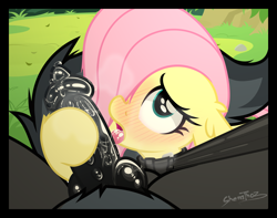 Size: 1800x1417 | Tagged: explicit, artist:sherathoz, fluttershy, oc, age difference, canine penis, canon x oc, collar, commission, female, filly, foal, foalcon, g4, imported from derpibooru, knot, leash, licking, licking cock, looking at you, nudity, offscreen character, oral, penis, pony, pov, sex, tongue out, younger