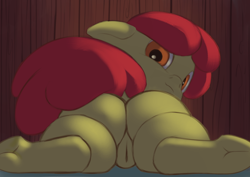 Size: 1154x817 | Tagged: explicit, artist:anonymous, apple bloom, bloom butt, butt, dock, earth pony, female, filly, foal, foalcon, frog (hoof), g4, imported from derpibooru, looking at you, looking back, looking back at you, lying down, nudity, plot, pony, prone, solo, solo female, tail, underhoof, vulva