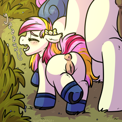 Size: 2000x2000 | Tagged: explicit, artist:gluttonace, oc, oc:soursop pop, anatomically correct, anus, bon bon, booties, boots, casual nudity, cute, cute little fangs, earth pony, fangs, female, filly, foal, foalcon, g4, imported from derpibooru, magical lesbian spawn, mare, morning, mother and child, mother and daughter, nudity, offspring, parent:bon bon, parent:lyra heartstrings, parent:oc:razzmatazz gleam, ponut, pony, rear view, shoes, sweetie drops, vulva, yawn