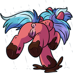 Size: 1954x1946 | Tagged: explicit, artist:gluttonace, oc, oc:paradise punch, anus, female, filly, foal, foalcon, imported from derpibooru, mud, muddy, muddy hooves, nudity, oc only, pegasus, ponut, ponytail, rain, rear view, running, simple background, solo, solo female, transparent background, vulva