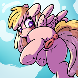 Size: 2000x2000 | Tagged: explicit, artist:gluttonace, anatomically correct, anus, female, filly, flying, foal, foalcon, imported from derpibooru, looking back, low angle, nudity, peachy swirl, pegasus, ponut, pony, solo, solo female, vulva