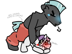 Size: 2160x1620 | Tagged: questionable, artist:blossomeclipse, sweetie belle, age difference, blue blush, blushing, clothes, cringing, dry humping, female, filly, foal, foalcon, g4, horn, humping, imported from derpibooru, male, pants, pony, pretty much explicit but not quite, ship:sweetielane, shipping, stallion, stallion on filly, straight, thunderlane, unicorn