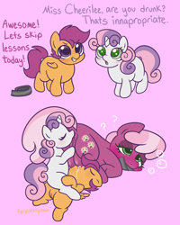 Size: 2400x3000 | Tagged: explicit, artist:feralkittyclawz, scootaloo, sweetie belle, age difference, altered cutie mark, analingus, analingus on female, anus, ass up, bedroom eyes, big crotchboobs, blank flank, blushing, breastfeeding, butt, cheerilee, confused, crotchboobs, dialogue, dock, drunk, dubious consent, earth pony, emoji, evil smile, eyes closed, face down ass up, female, female on female analingus, fff threesome, filly, filly on mare, foal, foalcon, foaldom, folded wings, g4, gag, gaslighting, grin, group sex, horn, imported from derpibooru, lesbian, mare, milk, nipples, nudity, open mouth, oral, pegasus, pink background, plot, ponut, pony, question mark, reverse foalcon, reverse grooming, sex, ship:cheeribelle, ship:cheeriloo, ship:scootabelle, shipping, simple background, smiling, suckling, tail, tape, tape gag, threesome, toothy grin, trio, trio female, unicorn, vulva, wings