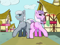 Size: 7200x5400 | Tagged: explicit, artist:gean, diamond tiara, silver spoon, anatomically correct, anus, butt, butt bump, clitoris, complex background, dark genitals, dialogue, duo, duo female, earth pony, female, filly, foal, foalcon, g4, heart clitoris, imported from derpibooru, nudity, plot, plot pair, ponut, pony, ponyville, presenting, talking to viewer, unfinished art, vaginal secretions, vulva, wip