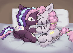 Size: 3487x2526 | Tagged: explicit, artist:dumbwoofer, anatomically correct, anatomically incorrect crotchboobs, anus, bed, bedroom, butt, clitoris, crotchboobs, delicious flat crotch, dock, duo, duo female, ear fluff, eyes closed, female, filly, filly on filly, foal, foalcon, french kiss, g5, hairband, horn, imported from derpibooru, interspecies, kissing, lesbian, lidded eyes, nipples, nudity, on bed, plot, pony, raised tail, ship:rainbowskye, shipping, skye, tail, teats, underhoof, unicorn, violette rainbow, vitiligo, vulva, zebra