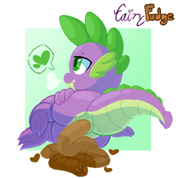 Size: 423x428 | Tagged: explicit, grotesque, artist:fairyfudge, spike, alternate version, anus, ass, bedroom eyes, breath, butt, butt touch, dragon, fangs, fetish, foalcon, g4, hand on butt, heart, imported from derpibooru, lying down, male, nudity, on side, passepartout, poop, pooping, rear view, scat, signature, smiling, solo, solo male, speech bubble, tail, underfoot