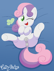 Size: 529x696 | Tagged: explicit, artist:fairyfudge, sweetie belle, anatomically correct, anus, binary pen, butt, dock, female, filly, floating heart, foal, foalcon, g4, grotesque source, heart, horn, imported from derpibooru, legs in air, looking at you, lying down, nudity, on back, one eye closed, open mouth, open smile, plot, ponut, pony, signature, smiling, solo, solo female, spread legs, spreading, tail, underhoof, unicorn, vulva