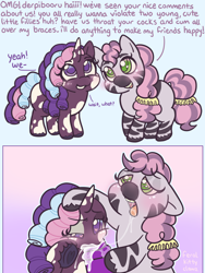 Size: 3000x4000 | Tagged: explicit, artist:feralkittyclawz, bedroom eyes, blowjob, braces, creampie, cum, cum in mouth, dialogue, double blowjob, dreadlocks, dubious consent, duo, duo female, female, filly, foal, foalcon, g5, gradient background, heart, heart eyes, hoof on head, hoof on penis, horn, horsecock, imported from derpibooru, lesbian, licking, licking cock, looking at you, looking up, looking up at you, multiple blowjob, nudity, oral, oral creampie, penis, pony, sex, ship:rainbowskye, shipping, skye, talking, talking to viewer, text, tongue out, unicorn, violette rainbow, vitiligo, wingding eyes, zebra