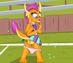 Size: 2300x2000 | Tagged: explicit, artist:hamsandwich, ass, butt, cheerleader, cheerleader outfit, cheerleader smolder, clothes, dragon, dragoness, female, foalcon, g4, imported from derpibooru, nudity, panties, skirt, smolder, smolderriere, solo, solo female, underwear, upskirt, vulva, wings