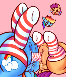 Size: 1820x2100 | Tagged: explicit, artist:feralkittyclawz, rainbow dash, scootaloo, age difference, anus, blushing, butt, candy, candy cane, clitoris, clothes, crying, dildo, dock, doubleheaded dildo, duo, duo female, emanata, eyes closed, female, filly, filly on mare, foal, foalcon, food, food insertion, foodplay, g4, hybrid vulva, imported from derpibooru, improvised dildo, improvised sex toy, insertion, legs in air, lesbian, mare, mare on filly, nudity, pain, pegasus, pink background, plot, ponut, pony, rainbow dash is a foal fiddler, sex toy, ship:scootadash, shipping, shivering, signature, simple background, smiling, socks, striped socks, tail, tears of pain, tight fit, vaginal insertion, vaginal secretions, vulva