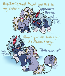 Size: 2500x2900 | Tagged: explicit, artist:feralkittyclawz, oc, oc:caramel swirl, oc:peppermint patty, anal secretions, anus, bedroom eyes, clitoris, cunnilingus, duo, duo female, female, filly, filly on filly, floppy ears, foal, foalcon, fraternal twins, grumpy, happy, heart, hoofing, horn, implied mother and daughter, imported from derpibooru, incest, kirin, kirin oc, lesbian, lidded eyes, lip bite, masturbation, nudity, oc only, oral, ponut, pony, raised hoof, raised leg, red eyes, red sclera, sex, shivering, siblings, signature, sisters, smiling, tail, teasing, tongue out, trembling, tsundere, twin sisters, twincest, twins, unicorn, unicorn oc, unshorn fetlocks, vaginal hoofing, vaginal secretions, vulva
