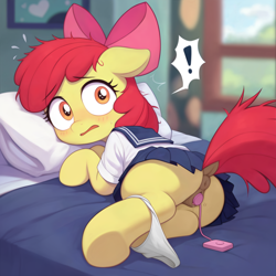 Size: 2560x2560 | Tagged: explicit, apple bloom, ai composition, ai content, anus, bed, bedroom, bloom butt, blurry background, blushing, butt, caught, clitoris, clothes, curtains, dock, earth pony, exclamation point, female, filly, foal, foalcon, g4, imported from derpibooru, insertion, looking at you, lying down, lying on bed, masturbation, messy mane, nudity, on bed, on side, open mouth, panties, panties around legs, panties pulled down, pillow, plot, ponut, pony, sailor uniform, sex toy, shocked, skirt, solo, solo female, sweat, sweatdrop, tail, underwear, uniform, vaginal insertion, vaginal secretions, vibrator, vulva, window