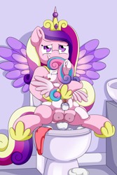 Size: 4000x6000 | Tagged: explicit, grotesque, semi-grimdark, artist:pvryohei, princess flurry heart, alicorn, anal prolapse, anus, bathroom, clothes, commission, crotchboobs, crying, egg, egg laying, female, filly, foal, foalcon, g4, imported from derpibooru, incest, infidelity, jewelry, lesbian, mare, mother and child, mother and daughter, nipples, nudity, oviposition, panties, panties aside, ponut, princess cadance, prolapse, pushing, regalia, ship:flurrydance, shipping, sitting, struggling, toilet, underwear, vagina, vaginal secretions, vulva