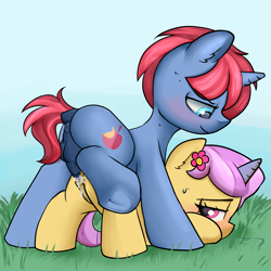 Size: 3000x3000 | Tagged: explicit, artist:dumbwoofer, anatomically correct, anus, balls, blushing, breath, clitoris, colt, colt on filly, crotchboobs, dark genitals, delicious flat crotch, dock, ear fluff, female, filly, flower, flower in hair, foal, foalcon, g5, grass, horn, imported from derpibooru, kazoo (g5), male, medial ring, molly blossom, mollyzoo, nipples, nudity, outdoor sex, outdoors, penetration, penis, pony, raised leg, sex, smiling, straight, sweat, tail, teats, underhoof, unicorn, vagina, vaginal, vaginal secretions, vulva, vulvar winking