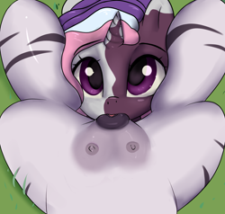 Size: 2774x2638 | Tagged: explicit, artist:dumbwoofer, anatomically correct, clitoris, crotchboobs, cunnilingus, dark genitals, delicious flat crotch, duo, female, filly, filly on filly, foal, foalcon, g5, grass, horn, imported from derpibooru, lesbian, licking, looking at you, lying down, nipples, nudity, offscreen character, on back, oral, pony, pony on zebra action, pov, prone, sex, ship:rainbowskye, shipping, skye, teats, tongue out, unicorn, violette rainbow, vitiligo, vulva, zebra