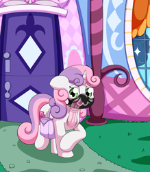 Size: 3500x4000 | Tagged: explicit, artist:pvryohei, rarity, sweetie belle, :3, alternate version, bag, carousel boutique, commission, dildo, dildo blowjob, dildo gag, door, face mask, female, floppy ears, foalcon, g4, gag, glowing, glowing eyes, high res, horn, imported from derpibooru, insertion, internal, latex, latex mask, mask, nudity, oral insertion, outdoors, pony, saddle bag, sex toy, silhouette, smiling, solo, solo female, sweat, sweatdrops, unicorn, window, x-ray