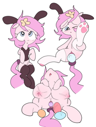 Size: 3771x4981 | Tagged: explicit, artist:php197, oc, oc:kayla, big crotchboobs, bunny ears, bunny suit, cat socks, clothes, crotchboobs, earth pony, easter, egg, egg laying, female, filly, flower, flower in hair, foal, foalcon, holiday, imported from derpibooru, insertion, lying down, nipples, nudity, oc only, oviposition, pony, scrunchie, simple background, solo, solo female, vulva, white background