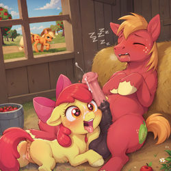 Size: 2048x2048 | Tagged: explicit, artist:venisoncreampie, apple bloom, applejack, aftermath, aftersex, age difference, ai assisted, ai content, apple, apple tree, applecest, between legs, big macintosh, bloom butt, blushing, brother and sister, butt, cock worship, cum, cum on tongue, cumming, cumming on face, drool, duo focus, earth pony, facial, family, female, fetish, filly, foal, foalcon, food, g4, hay bale, heart, heart eyes, hoofjob, horsecock, imported from derpibooru, incest, indoors, lying, lying down, male, mare, nudity, open mouth, penis, penis on face, pony, prone, sibling love, siblings, sitting, sleeping, snuggling, somnophilia, stallion, stallion on filly, straight, sweat, sweet apple acres, tongue out, tree, vaginal secretions, vulva, window, wingding eyes