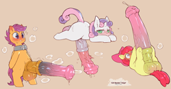Size: 2284x1200 | Tagged: explicit, artist:cold-blooded-twilight, apple bloom, scootaloo, sweetie belle, balls, bedroom eyes, bicolor horsecock, big balls, big penis, bipedal, blushing, collar, cutie mark crusaders, earth pony, emanata, erection, foalcon, futa, futa apple bloom, futa cutie mark crusaders, futa filly, futa only, futa scootaloo, futa sweetie belle, g4, horn, horsecock, hyper, hyper penis, imported from derpibooru, impossibly large balls, impossibly large penis, impossibly long penis, intersex, ketchup vein, long penis, looking at you, looking down, lying down, musk, nudity, on back, pegasus, penis, pony, prone, sweat, throbbing, unicorn, vein bulge