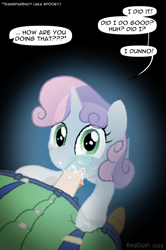 Size: 798x1200 | Tagged: explicit, artist:realdash, sweetie belle, oc, oc:anon, aura, blowjob, clothes, cum, cum in mouth, cute, cute porn, dialogue, diasweetes, female, filly, foal, foalcon, g4, ghost, happy, horn, human, human male, human male on filly, human on filly, human on pony action, imported from derpibooru, interspecies, looking at you, looking up, magma.com, male, nudity, oral, penis, pixel art, pony, sex, simple background, smiling, spooky belle, straight, transparent flesh, undead