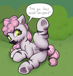 Size: 2788x2873 | Tagged: explicit, artist:dumbwoofer, anatomically correct, anus, bush, butt, casual nudity, crotchboobs, dark genitals, delicious flat crotch, dock, ear fluff, female, filly, foal, foalcon, g5, grass, hair tie, imported from derpibooru, lying down, nipples, nudity, on side, outdoors, plot, presenting, prone, raised leg, skye, smiling, solo, solo female, speech bubble, spread legs, spreading, tail, talking, teats, underhoof, vulva, zebra