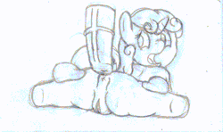 Size: 560x332 | Tagged: explicit, artist:autumnwheat, sweetie belle, age difference, anal, animated, anus, butt, disembodied hand, disembodied penis, female, filly, flexible, foal, foalcon, g4, gif, hand, horn, imported from derpibooru, looking back, lying down, male, monochrome, nudity, open mouth, penetration, penis, plot, pony, prone, sex, splits, stallion, stallion on filly, straight, traditional art, unicorn, vulva