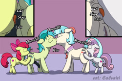 Size: 1280x845 | Tagged: explicit, artist:caluriri, apple bloom, sweetie belle, age difference, anal, analingus, anus, apple bloom's bow, bisexual, bisexual female, bow, butt grab, butt touch, coco belle, coco is an anal slut, coco pommel, dark genitals, dock, drool, earth pony, eyes closed, female, female on male, filly, filly on mare, filly on stallion, floppy ears, flower, flower in hair, foal, foalcon, foursome, g4, grope, group sex, hair bow, horn, horsecock, imported from derpibooru, kiss on the lips, kissing, lesbian, male, mare, mare on stallion, medial ring, nudity, oral, penetration, penis, pony, sandbar, sandbloom, sex, ship:cocobar, shipping, stallion, stallion on mare, straight, tail, unicorn, vulva