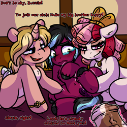 Size: 2000x2000 | Tagged: explicit, semi-grimdark, artist:gluttonace, oc, oc:razzmatazz gleam, oc:rose golden, oc:sunny lies, oc:sunny shores, age difference, anus, bed, bedroom eyes, blushing, bow, bracelet, brother and sister, bully, bullying, crying, cuntboy, dreadlocks, earth pony, female, filly, foal, foalcon, hair bow, horn, horsecock, hybrid, imminent rape, imminent sex, imported from derpibooru, intersex, jewelry, male, necklace, nonconsensual, nudity, offscreen character, older male, on bed, part of a set, pegabat, pegasus, penis, ponut, pony, scared, siblings, single panel, tail, tail bow, text, unicorn, vulva
