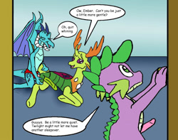 Size: 762x599 | Tagged: explicit, artist:asuraludu, spike, anal insertion, balls, bisexual, changedling, changeling, dialogue, dragon, erection, female, female on male, foalcon, g4, imported from derpibooru, insertion, king thorax, male, nudity, pegging, penis, polyamory, princess ember, rough sex, sex, sex toy, ship:spembrax, shipping, straight, strapon, thorax, twilight's castle